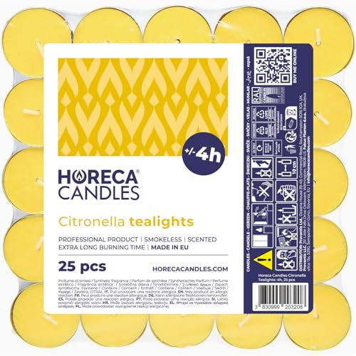 Horeca Candles - Velas de Té con Citronela - Lote de 25 Velas Perfumadas - Duración de Combustión 4 Horas - Amarillas - Candelitas Para Exteriores, Balcón, Picnic, Camping