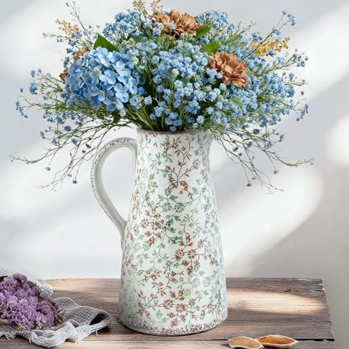 Enra 12.2 Large Pitcher Vase with Handle, Ice Cracked Chinoiserie Green and Beige Floral Ceramic Vase, Handcrafted Rustic Farmhouse Vase for Home Decor, Living Room Centerpiece, Wedding Gift