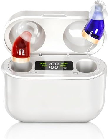 Rechargeable Audio Amplifier - Personal Voice Amplifier with Microphone for Enhanced Sound Clarity - Invisible Design with HD Power Display, Noise Reduction & 30hr Battery Life (Red+Blue)