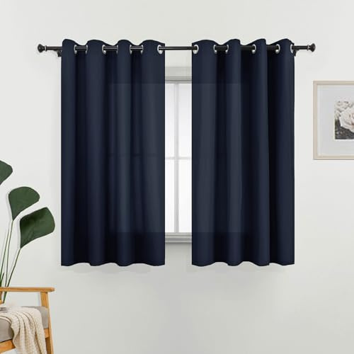 L.Z.E Gardinen mit Ösen, Vorhang Dunkelblau Sichtschutz 65% Lichtdurchlässig für Wohnzimmer Schlafzimmer Kinderzimmer Fenster, 2er Set Modern, Blickdicht, Modern Leicht 175cm Lang Baumwolloptik Dünn