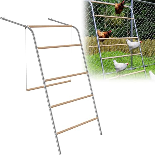 UISEBRT Escalera de pollos de 5 niveles Barra de asiento, columpio de pollos 136x105cm, patio de juegos de pollos de madera y tubo galvanizado