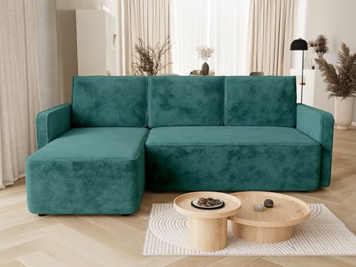 BROMARKT Sofa mit Schlaffunktion Ecksofa L-Form mit Bettkasten Couch Samt Schlafsofa mit Relaxfunktion QULIO 3 sitzer 220x149x85 cm Flaschengrun