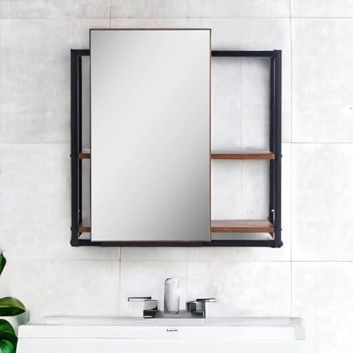 dylex Bathroom Mirror Cabinet with Open Shelves, Wall Mounted Storage Unit with Sliding Mirror Door, Metal Frame & Wood Shelving