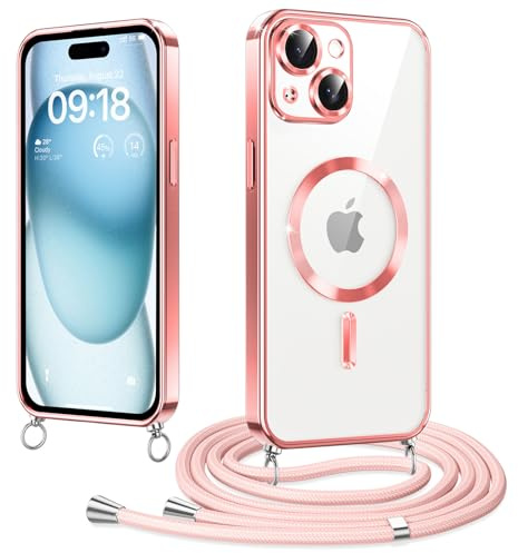 Micnkifo Magnétique Coque avec Cordon pour iPhone 15 Plus, Compatible avec MagSafe, Coque Magnétique en Galvanisé avec Réglable Collier Lanyard, Antichoc pour iPhone 15 Plus, Rose