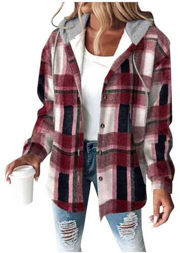 Dyhxuan Hemdjacke Damen mit Kapuze Warm Gefüttert Wolljacke Fleece Winterjacke Kariert Hemdbluse Mantel Loose Kapuzenjacke Trendy Jacke mit Tasche