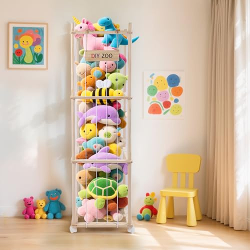 Yapasopu Kuscheltier Aufbewahrung, Massivholz Stofftier Aufbewahrung mit 360°Feststellbaren Lenkrollen für Babyzimmer, Wohnzimmer, Schlafzimmer, Kinderzimmermöbel (138x41x41CM )