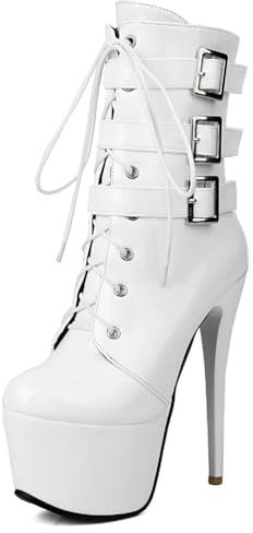 Qynthra Stivali Donna Gotici metà Polpaccio con Plateau Vernice Allacciatura Tre Fibbie Tacco 15cm Festa Sera Spettacolo,Bianca,45 EU
