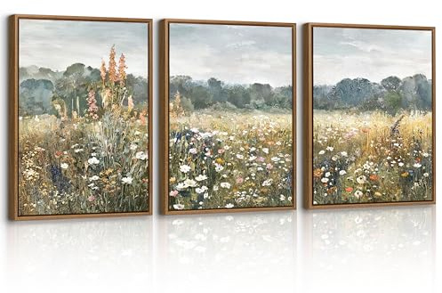 3 Pcs Vintage Wildblumen Landschaft Leinwand Bilder mit Rahmen Set, Retro Felder Blumen Wandbilder Klassisch Natur Wildnis Bild Auf Leinwand Poster Deko für Wohnzimmer Schlafzimmer Büro 30X40cmx3 Pcs
