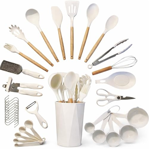 Kitchen Silicone Cooking Utensils Set with Holder - 35pcs Tongs, Spatulas, Spoons & Ladles for Nonstick Cookware with Wooden Handle - Heat Resistant Silicone Kitchen Tools & Accessories, Cream