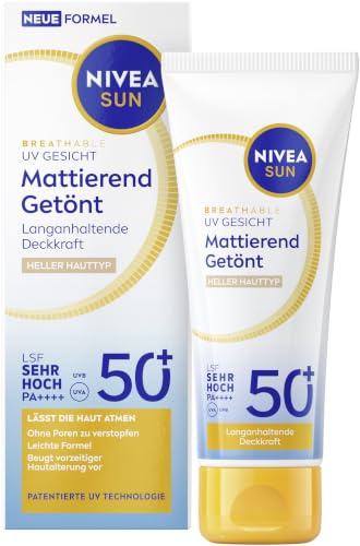 NIVEA SUN getönte Sonnencreme fürs Gesicht LSF 50+, mattierende Gesichtspflege mit LSF, getönte Sonnencreme für hellere Hauttypen, Breathable UV Gesicht Mattierend getönt Sonnenschutz (40 ml)