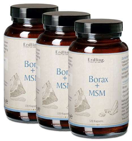 Waldkraft Borax + MSM Kapseln 3er Set | 99,9% ig reines Natriumtetraborat und OptiMSM® | Lebensmittelqualität | Nachhaltig verpackt in Braunglas | Exklusiv bei Waldkraft | 3x 120 pflanzliche Kapseln