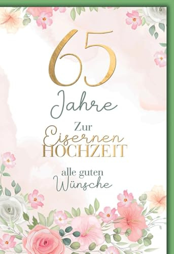 Karte zum 65. Hochzeitstag für Senioren - Eiserne - Goldene 65 mit zarten Blumen in Aquarelloptik - Klappkarte mit Umschlag für Paare