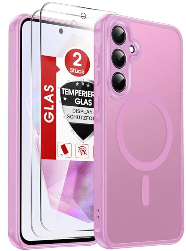 LeYi Coque pour Samsung Galaxy A35 / A 35 5G, avec 2 Verre Trempé, Rose | Étui Housse Magnétique pour Samsung A35, Compatible avec MagSafe, Étui Housse Antichoc Bumper TPU Dos Translucide Mat Fine