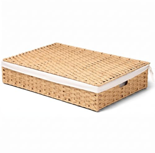 Klippehop Under Bed Storage with Lid, Hand Woven Underbed Storage Box | PE Rattan Basket with Liner, Hand Woven, Large Underbed Storage Basket, Wicker Bed Storage Bin for Bedroom,78×50×16cm, 60L
