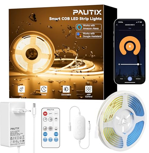 PAUTIX WiFi COB LED Streifen IP65 Wasserdicht 5M Warmweiß 2700K,24V Dimmbar LED Band Smart LED Strip Lights Kompatibel mit Alexa/Google Assistant für Wohn/Büroräume(Netzteil&Dimmer Nicht Wasserdicht)