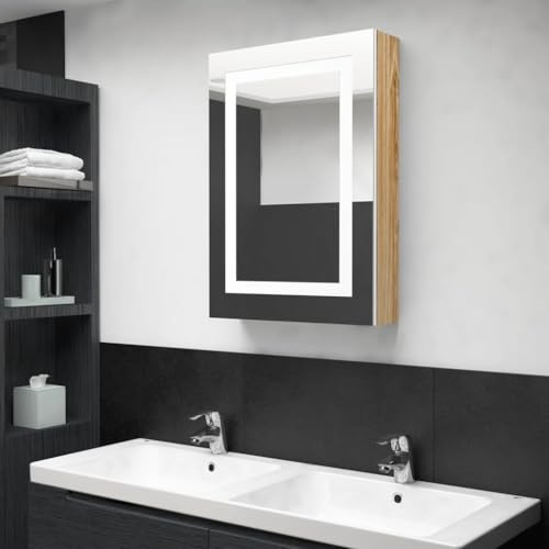 Kaloriko Armoire Salle de Bain à Miroir LED Blanc chêne 50x13x70cm Meuble lavabo Rangement Suspendu à étagère Placard Vasque pour Toilette Douche aménagement Mural