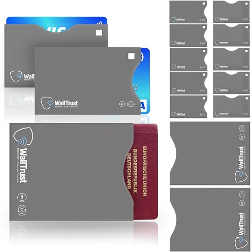 WallTrust RFID Schutzhülle Set 12x, 2 Reisepasshüllen 10 Kartenhüllen | Reisepasshülle und Kartenhülle im Set: RFID und NFC Blocker für Kreditkarte, EC Karte, Personalausweis und Reisepass