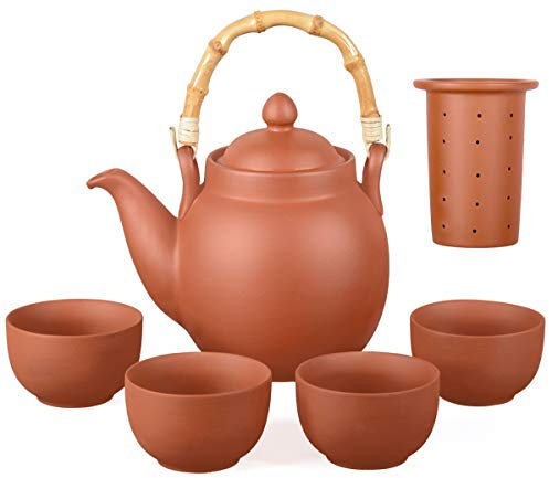 Aricola Ton Teeservice Tenno 5-teilig. Bestehend aus Ton Teekanne 1,1 Liter und 4 Tontassen. Handgefertigt, Original