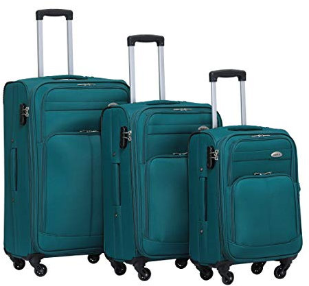 BEIBYE Leichter Stoffkoffer Kofferset Trolley Außentaschen Dehungsfuge mehr Stauraum mit Zahlenschloss (Turquoise, Set)