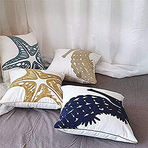 MOCOFO 4er Set Dekorativ Kissenbezug Seestern Stickerei Theme 45 x 45cm Sofa Büro Dekor Kissenhülle aus Baumwoll Weiß