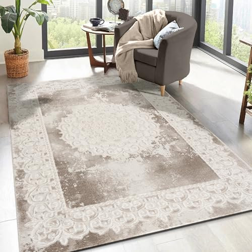 SANAT Teppiche für Wohnzimmer - Teppich Beige, Kurzflor Teppich Orientalisch, Öko-Tex 100 Zertifiziert, Größe: 160x220 cm