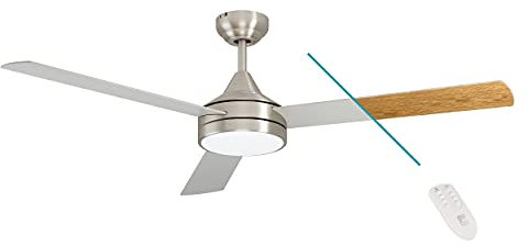 EGLO Deckenventilator SESIMBRA, 3 Flügel Ventilator mit Licht, nickel, Wendeflügel aus Holz Eiche oder silber, Fernbedienung, Sommer Winter Betrieb, warmweiß–kaltweiß, dimmbar, Ø132cm
