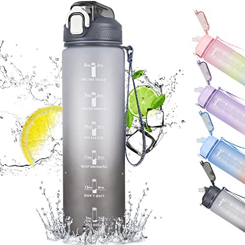 CodiCile Trinkflasche 1L,Trinkflasche mit Strohhalm und Zeitmarkierung, auslaufsichere 1L Wasserflasche mit Deckel, BPA-freie Trinkflasche sport für Sport, Büro, Fahrrad, Laufen(grauer Farbverlauf)