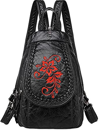 NIGEDU Vintage bestickte Damen-Rucksäcke, weiches PU-Leder, Geldbörse, kleine Reisetasche, schwarze Brusttaschen, Schwarz, Small, Tagesrucksäcke