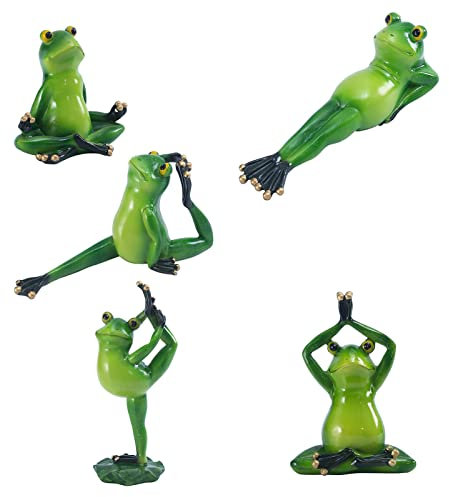MSUIINT Yoga Frosch Gartenstatue, Set mit 5 grünen Fröschen Figuren mit verschiedenen Yoga-Posen, Zen-Dekor, lustige Harzdekoration für Zuhause, Terrasse, Rasen, Hof, kleine Größe