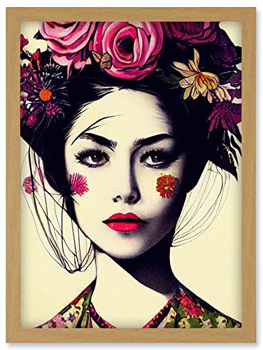 Doppelganger33 LTD Boho Woman With Flowers Headdress Modern Artwork Framed Wall Art Print A4