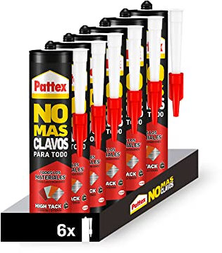 Pack de 6 Pattex NO MÁS CLAVOS Hightack, Adhesivo de montaje extrafuerte multimaterial para Zócalos, Frisos, Perfiles, Encimeras y Paneles decorativos, Color Blanco, 6 unidades de 446 Gramos