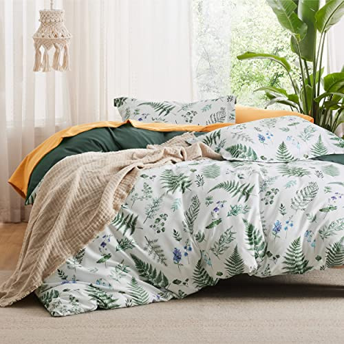 Bedsure Duvet Cover Queen Size - Reversible Plants Duvet Cover Set with Zipper Closure, 3 Pieces Green Bedding Set with 8 Corner Ties and 2 Pillow Shams 20x26