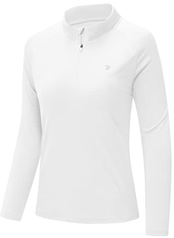 donhobo Damen Sport T-Shirt Fitness Langarm Laufshirt Yoga Crop Top Gym Workout Oberteil Leicht Schnelltrocknend Trainingsshirt mit 1/4 Reißverschluss (Weiß, L)