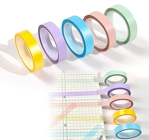 WOOXDYUK 5 Rollen 0,6 cm x 5 m Highlight Strips, Selbstklebende Farbige Notizzettel, Transparentes Klebeband, für Mache Notizen, Lehrer, Schüler (Rot, Grün, Blau, Lila, Gelb)
