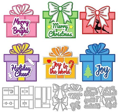GLOBLELAND Weihnachts-Geschenkbox Und Text-Stanzformen Für DIY Scrapbooking, Metall-Weihnachtsfeier, Schleife, Prägeschablonen, Vorlage Für Die Herstellung von Papierkarten
