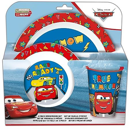 P:os 33711088 - Juego de Desayuno Cars, vajilla de 3 Piezas con Plato, Bol y Taza, vajilla Infantil de plástico, Apta para lavavajillas/microondas