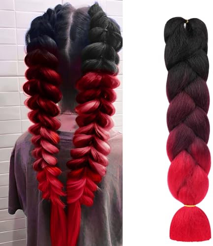 Aomig Braids Extensions, 3 Farben Kunsthaar zum Einflechten,24 Haarsträhnen zum Braiding Hair,Einflechten Haar Flechten Extensions für Haar Box Braid zum Einflechten Zöpfe(Schwarz/Burgunderrot/Rot)