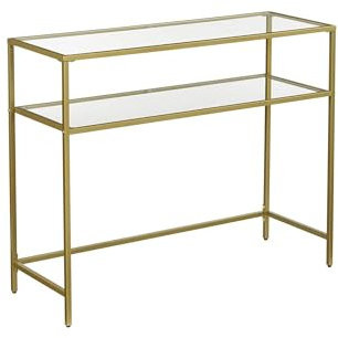 VBChome Table console 100 x 35 x 80 cm, 2 compartiments, doré, cadre en métal, verre trempé, salon, chambre à coucher, table d'appoint, pieds réglables, étagère de rangement 100 x 35 x 80 cm, 2