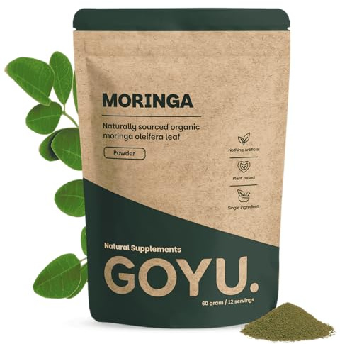 GOYU Bio Moringa Pulver (Moringa Oleifera) 60 gram - Oleifera – Widerstand - Moringa-Kapseln - Moringa-Öl - Moringa-Pulver - Vegan - Ohne Zusätze - Laborgeprüft - 15 Tage Vorrat pro Beutel