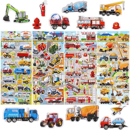 ALEGRE® 3D Sticker Kinder, 4 Blätter Puffy Aufkleber Kinder 3D, Traktor, Feuerwehr, Bagger, Auto Sticker, Kindere Sticker Set für Belohnungssticker Party Kindergeburtstag Gastgeschenke Mitgebsel