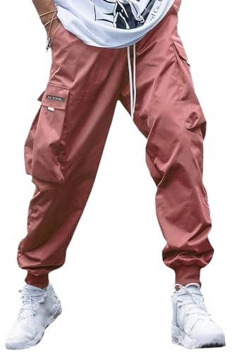 Oanviso Pantalon pour Hommes Adolescents Cargo Pantalon Ample Couleur Unie Oversized Lâche Pantalon avec Poche Mi Taille Élastique Casual Pantalon de Sport A Rose M
