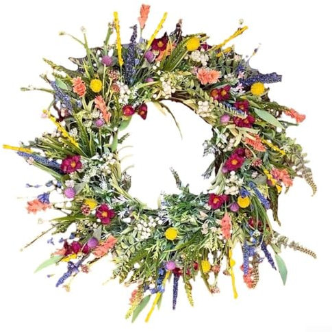 Ghirlanda di fiori artificiali, ghirlanda primaverile per porta d'ingresso, ghirlanda di fiori secchi simulati, 35 cm, colorata