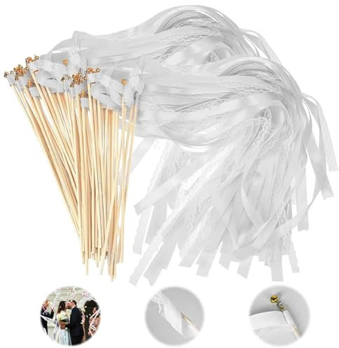 30 Pezzi Bacchette Matrimonio con Campane, Semplici e Belli Bacchetta Magica con Campana Matrimonio Legno Nastro, Riutilizzabile Wedding Wands per Decorazioni di Nozze Compleanno Feste (Bianco