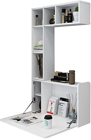 Pmnianhua Folding Wall Mounted Drop Leaf Table, Folding Table Makeup Vanity Desk Table with Large Storage Shelves, Multifunctional Computer Workstation Laptop in Home for Space Saving (White)