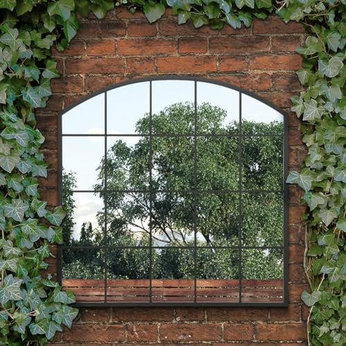 The Arcus - Black Framed Arched Window Garden Mirror 39x39 100x100CM. Suitable for Outside and Inside!