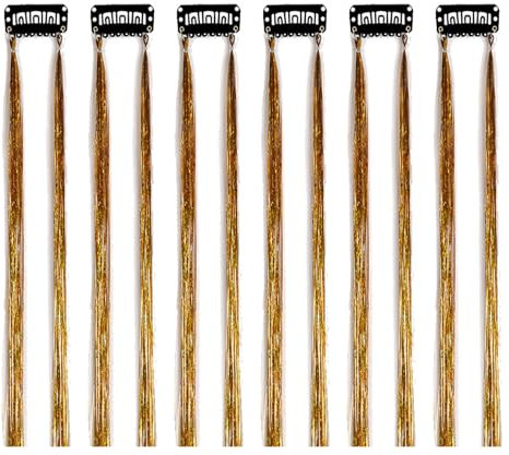 Mcoser 6Pcs Clip in Hair Tinsel Kit,Glitter Hair Tinsel Extensions Clip in Hair Extensions,Sparkling Wig Pieces Straight Hair Extensions for Women Girls Party Cosplay (Gold)