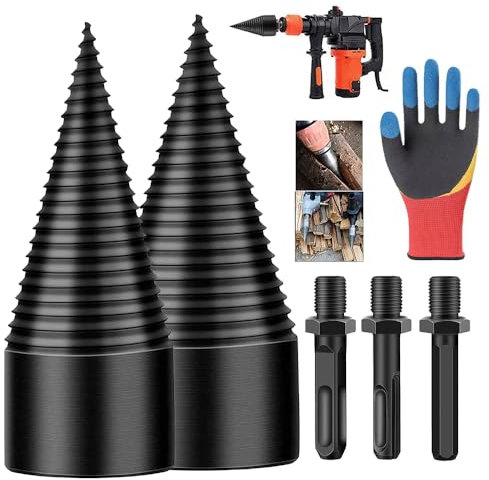 Dhqkqg Holzspalter Bohrer, Holzspalter Schraube Kegel 45mm + 32mm mit 3 Bohrgriffe, Brennholzbohrer, Brennholzspalter Bohrer, Spaltholzkegel Holzspalterbohre mit Arbeitshandschuhe, für Holzspalter