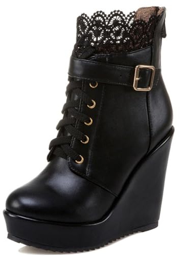 Asterisco Stivaletti da Donna con Zeppa con Plateau Tacco Alto Polacchine Punta Rotonda Cordoncino Stivali da Vestito, P207802Xv Nero Numero 35 EU