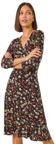 Roman Originals Tea Dress for Women UK Ladies Frill Hem Skater Wrap Jersey Stretchy Fit & Flare Flattering Knee Length Cocktail Party Occasion Holiday Going Out - Black Multi - Size 16