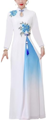 SXTYYH Traditionell Ao Dai Vietnam-Damenkleid Lang Chinesische Kleider for Frauen Sommer Cheongsam Kleid Stickerei Qipao(5XL,Weiß)